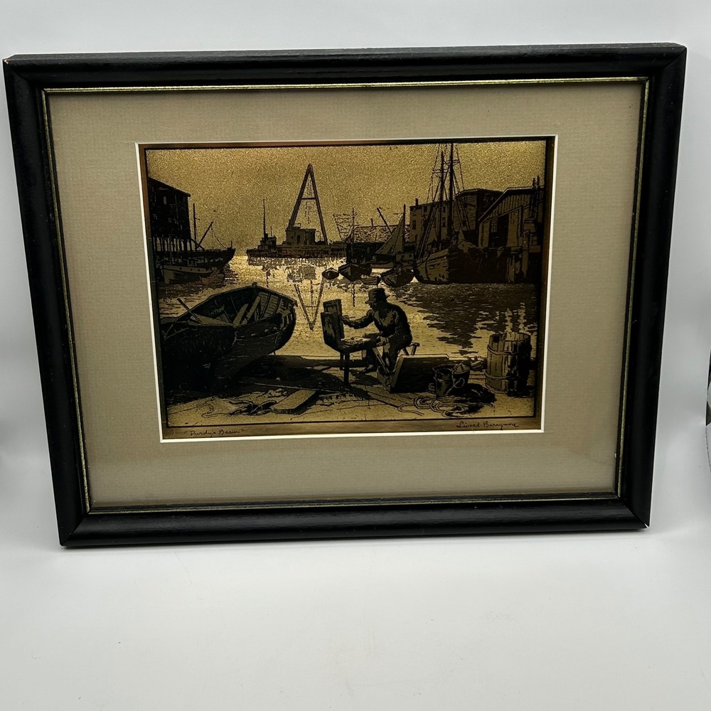 Lionel Barrymore Etching Print Purdys Basin Harbor‎ Scene Fisherman Framed READ